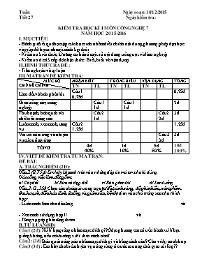 Kiểm tra học kì I môn Công nghệ 7 - Năm học 2015 - 2016